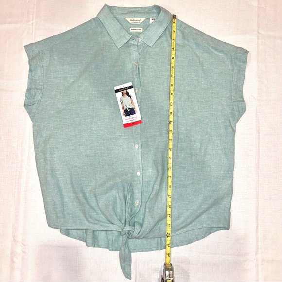 Weatherproof Washable Womens Linen Viscose Green Short Sleeve Button-Down Tie - Picture 8 of 9